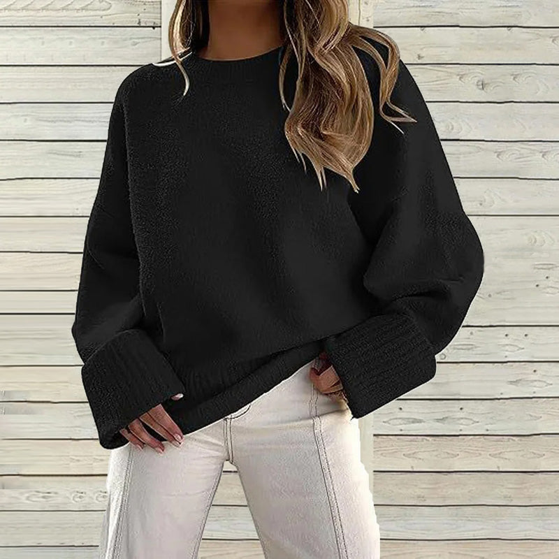 Street Wave Navy Solid Long Sleeve Knit Crewneck Pullover For Women Cotton Acrylic Blend Cozy Warmth