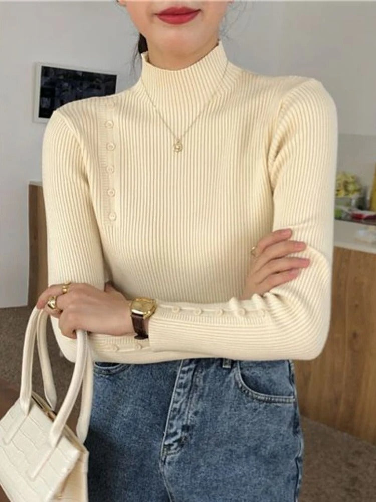 Streetwave Elegant Buttoned Stand Collar Knit Pullover for Fashion Forward Women Made With Premium Materials