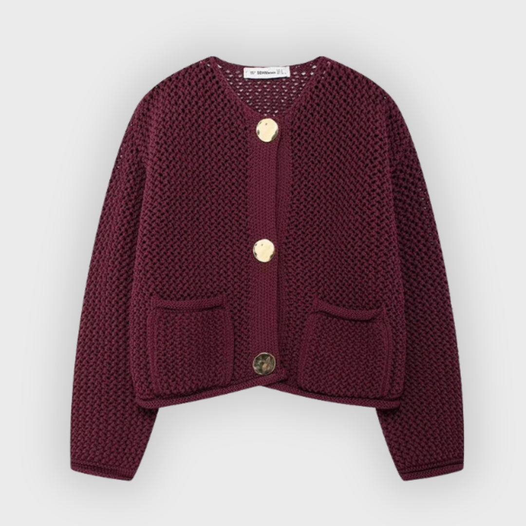 Street-wave Mesh Knit Cardigan With Front Pockets Gold Buttons Airy Chic Layer For Women