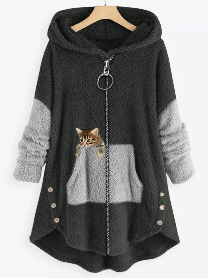 Streetwave Womens Sherpa Coat With Cat Patch Cozy Hooded Fleece Soft Plush Lined Loose Fit