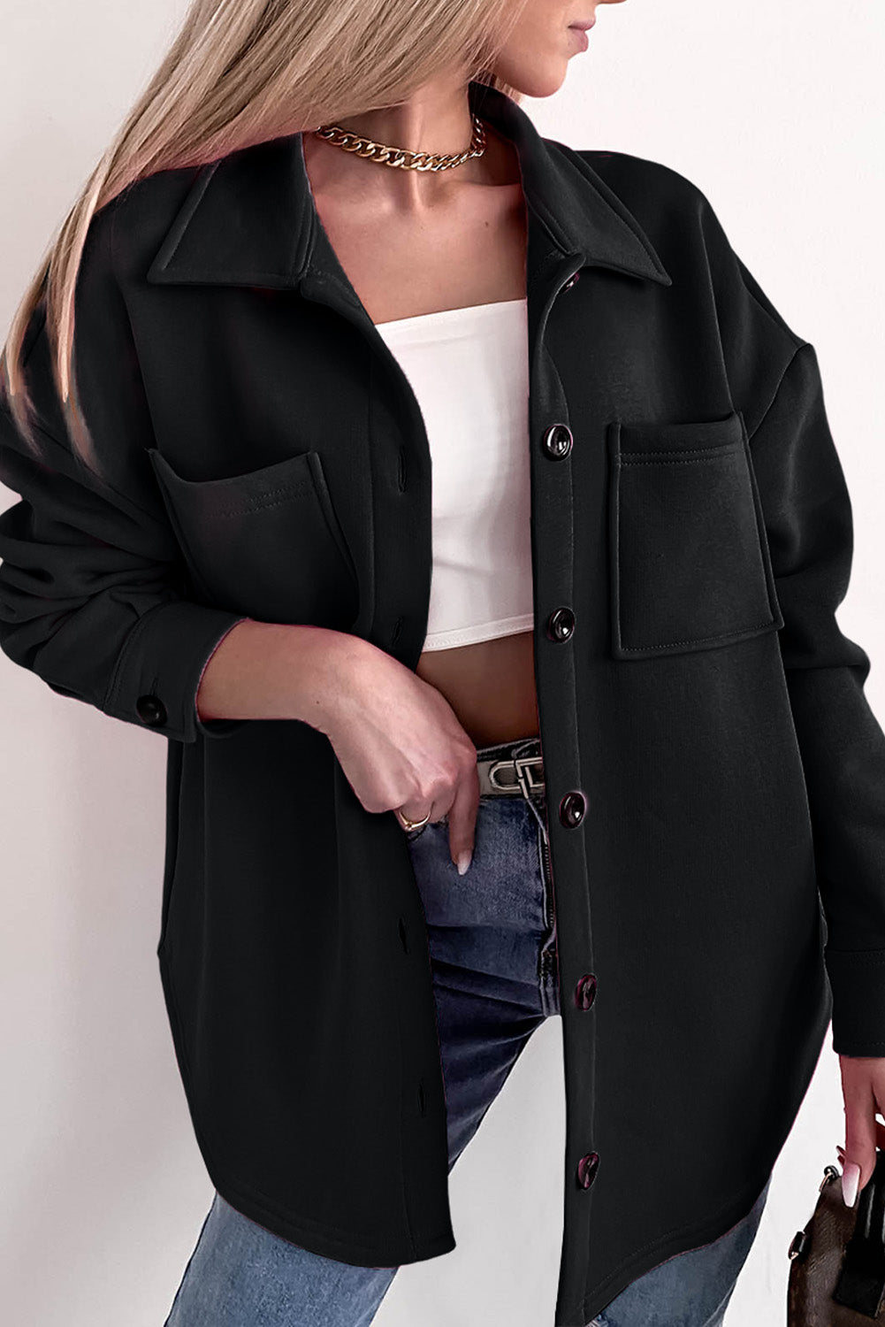 Street-wave Oversized Blouse With Large Pockets Minimalist Polyester For Everyday Chic Women