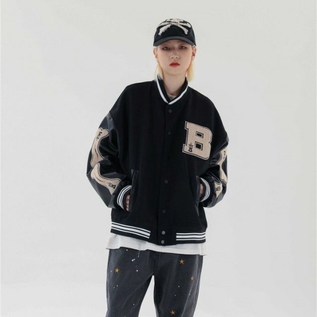 Avelena Embroidered Patch Varsity Bomber Jacket For Women, Urban Streetwear With Bold Patch Details Black Design