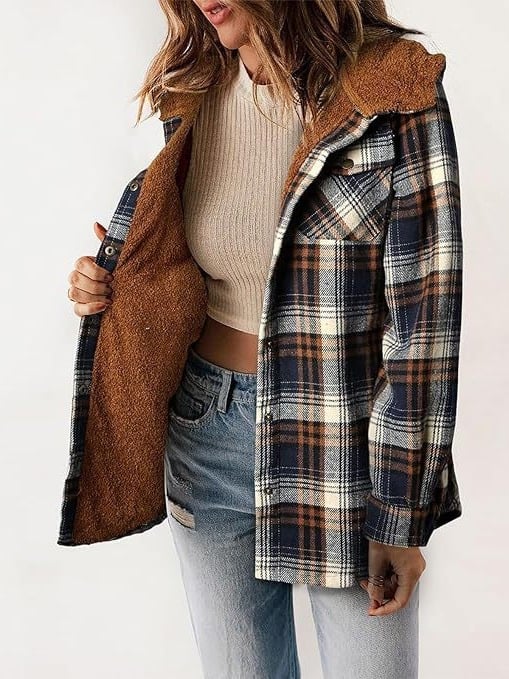 Street-Wave Plaid Wool Jacket With Hood Buckle For Women Warm Cozy All-Season Outerwear