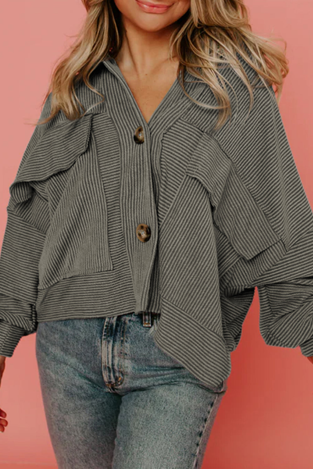 Street-Wave Rib Knit Shirt Jacket Cotton Blend For Women Casual Chic Effortless Style