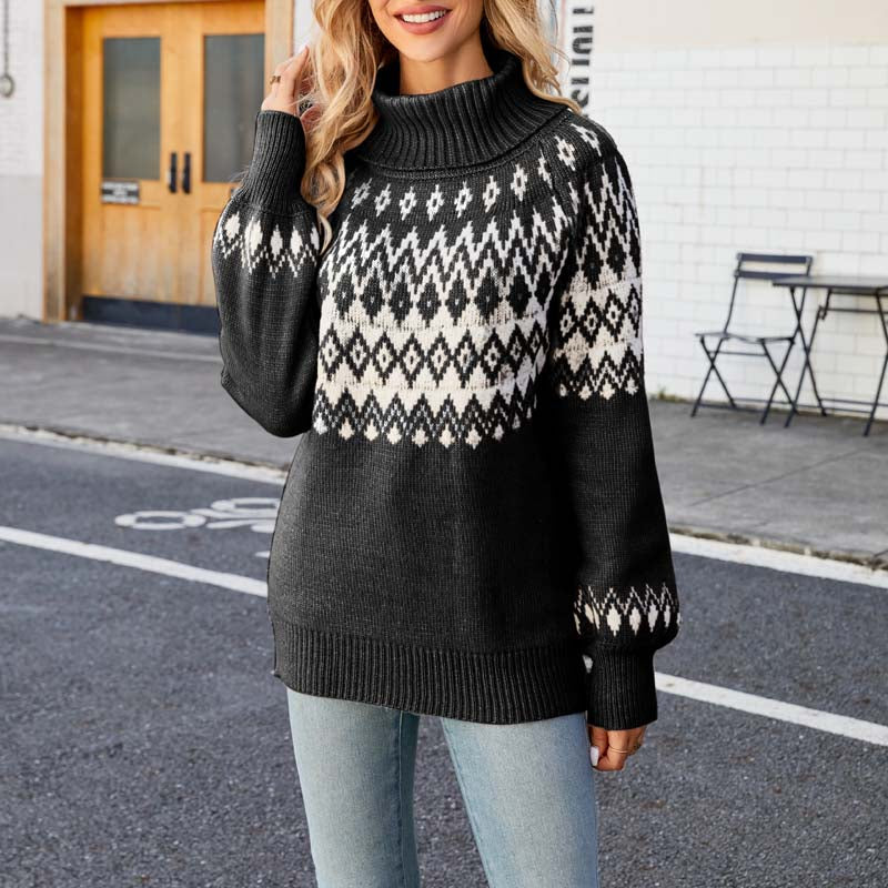 Street-Wave Geometric Knit Sweater With Elegant Texture For Women Cozy Stand Collar