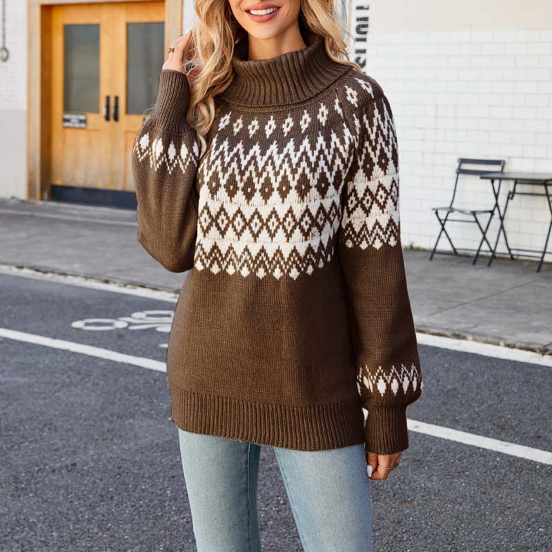 Street-Wave Geometric Knit Sweater With Elegant Texture For Women Cozy Stand Collar
