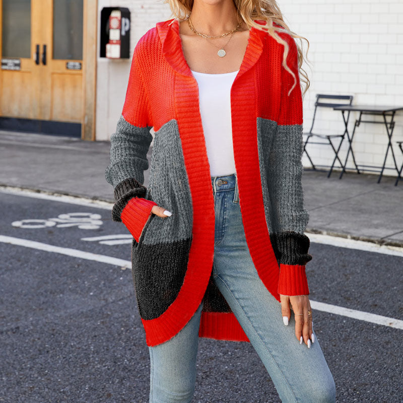 Street-wave Hooded Color Block Cardigan Cotton Acrylic Blend Cozy With Pockets For Women