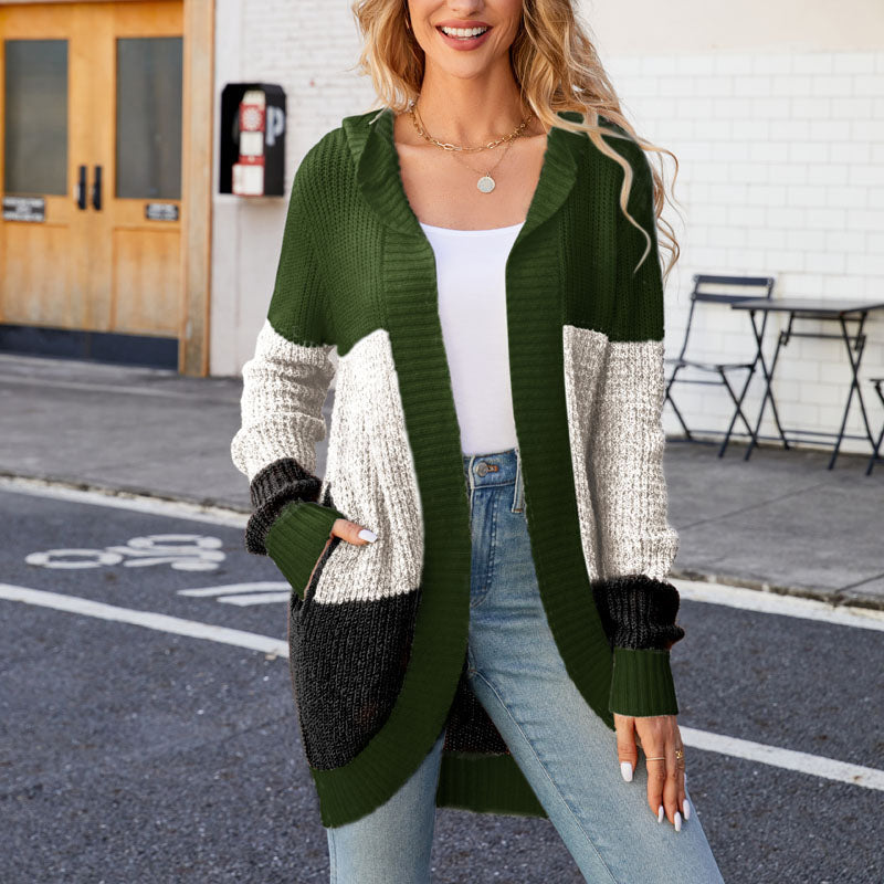 Street-wave Hooded Color Block Cardigan Cotton Acrylic Blend Cozy With Pockets For Women
