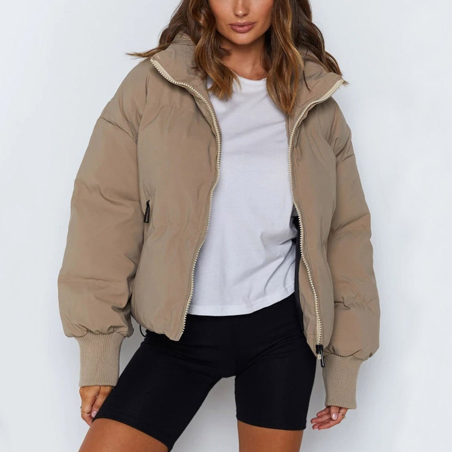 Street-wave Short Puffer Jacket With Front Zipper For Streetwear Fans Bold And Cozy