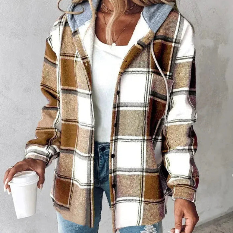 Street-wave Plaid Hooded Coat For Women Cozy Casual Comfort With Practical Hood Everyday Streetwear