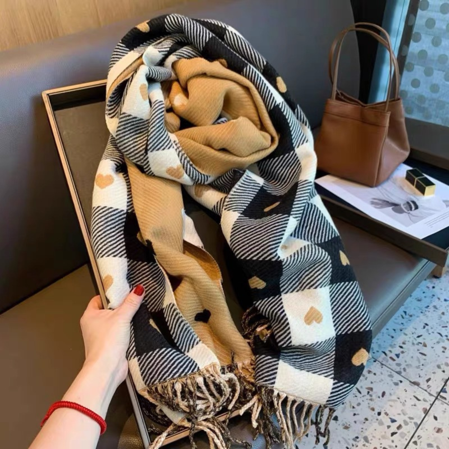 Women's Warm Plaid Scarf with Double-Sided Design and Tassels
