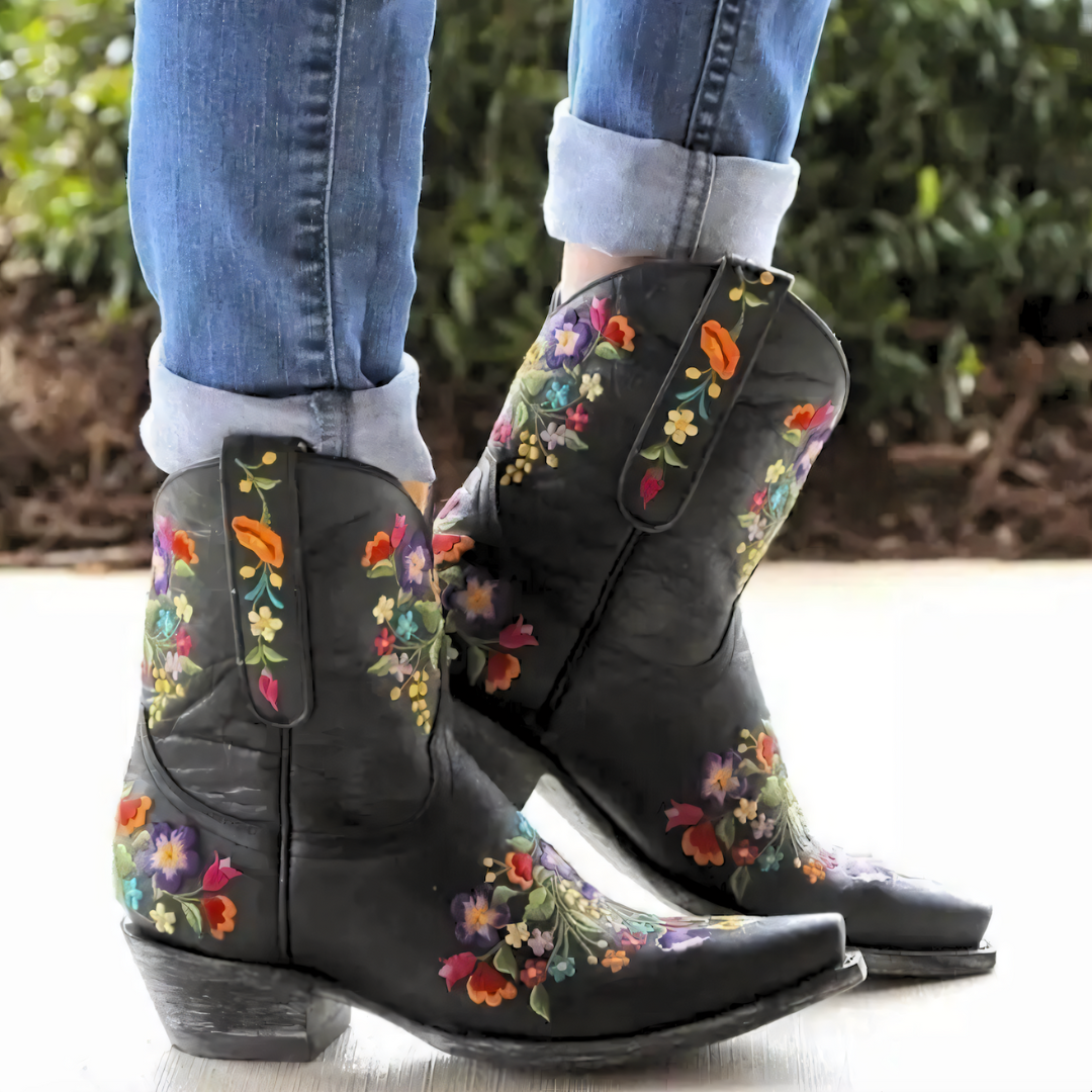 Street-Wave Waterproof Cowgirl Boots With Vintage Floral Embroidery Womens Western Shoes