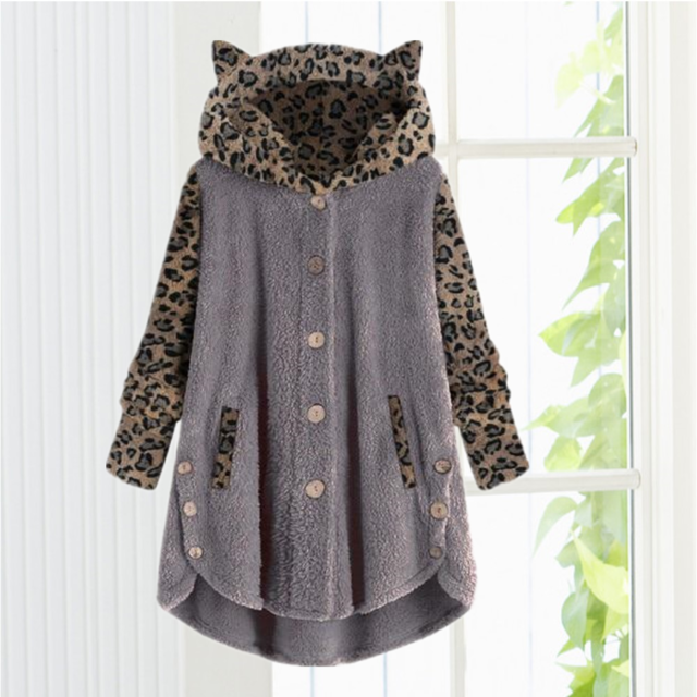 Street-wave Cozy Cat Ear Hooded Coat for Girls Leopard Print Sleeves Cotton Cashmere Blend Pockets