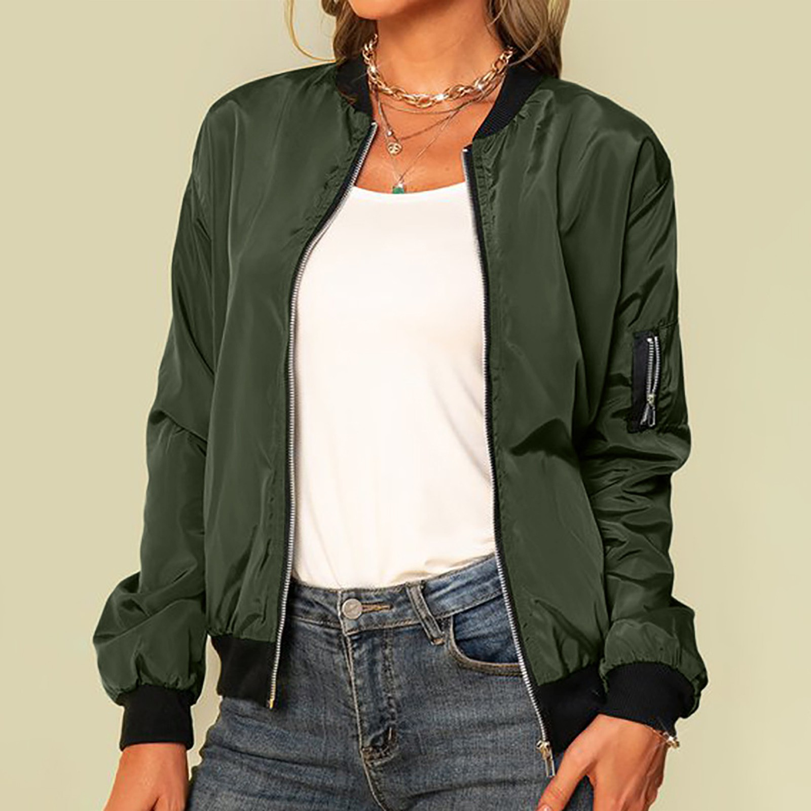 Avelena Zippered Bomber Jacket For Women By Street-wave Breathable Lightweight Polyester Everyday Essential