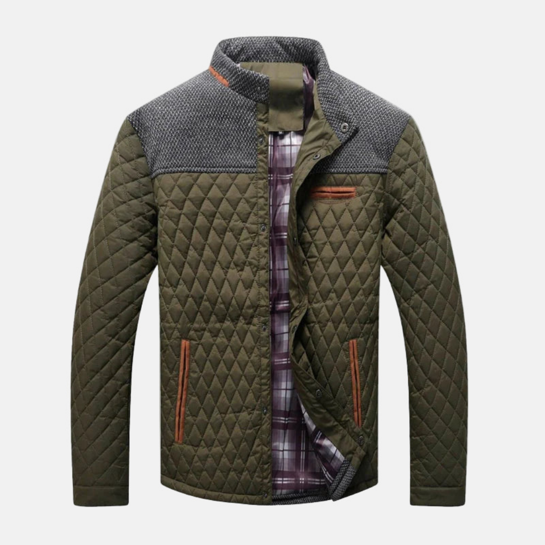 Men's Diamond Quilted Jacket in Woven Blend with Standing Band Collar and Contrast Trim