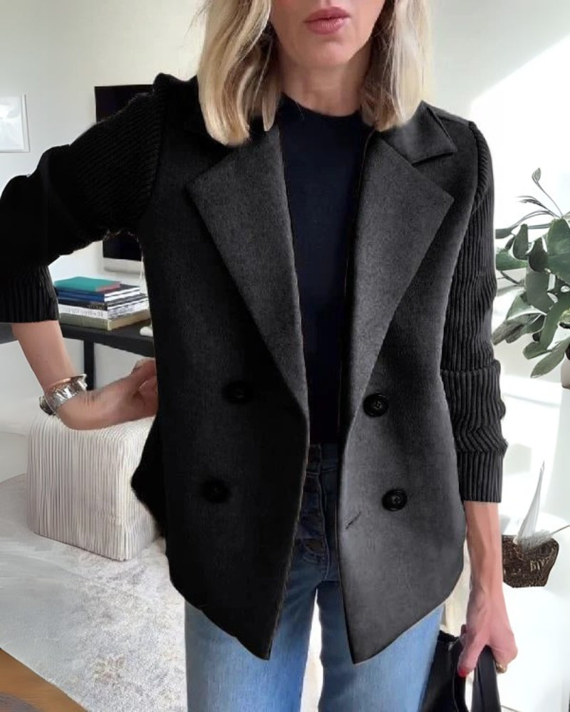 Street Wave Beige Double Breasted Blazer With Knit Sleeves For Casual Chic Women