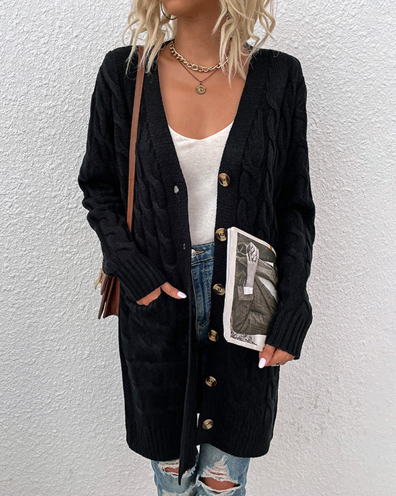 Street-Wave Cable Knit Cardigan For Women Cozy Longline Autumn Sweater With Pockets And Button Closure