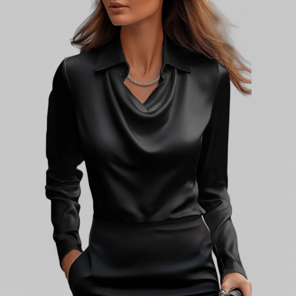 Satin Blouse Women Draped Neck Long Sleeve Street Wave Elegant Silky Top