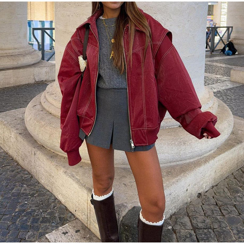 Street-Wave Oversized Bomber Jacket for Women With Chic Leather-Look Finish And Soft Lining