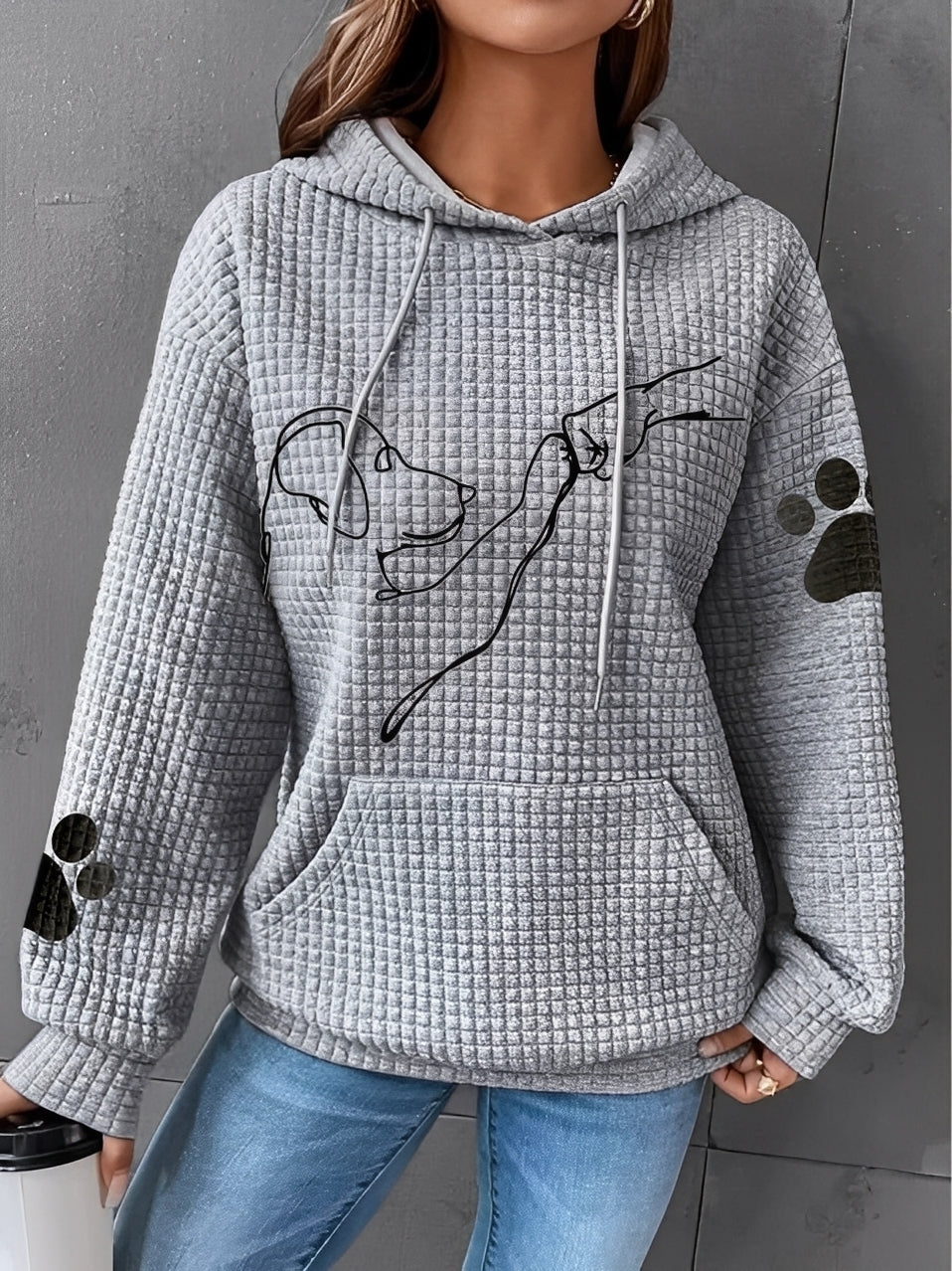 Street Wave Hoodie For Women Soft Quilted Knit Warmth Cat Graphic With Paw Print Sleeves