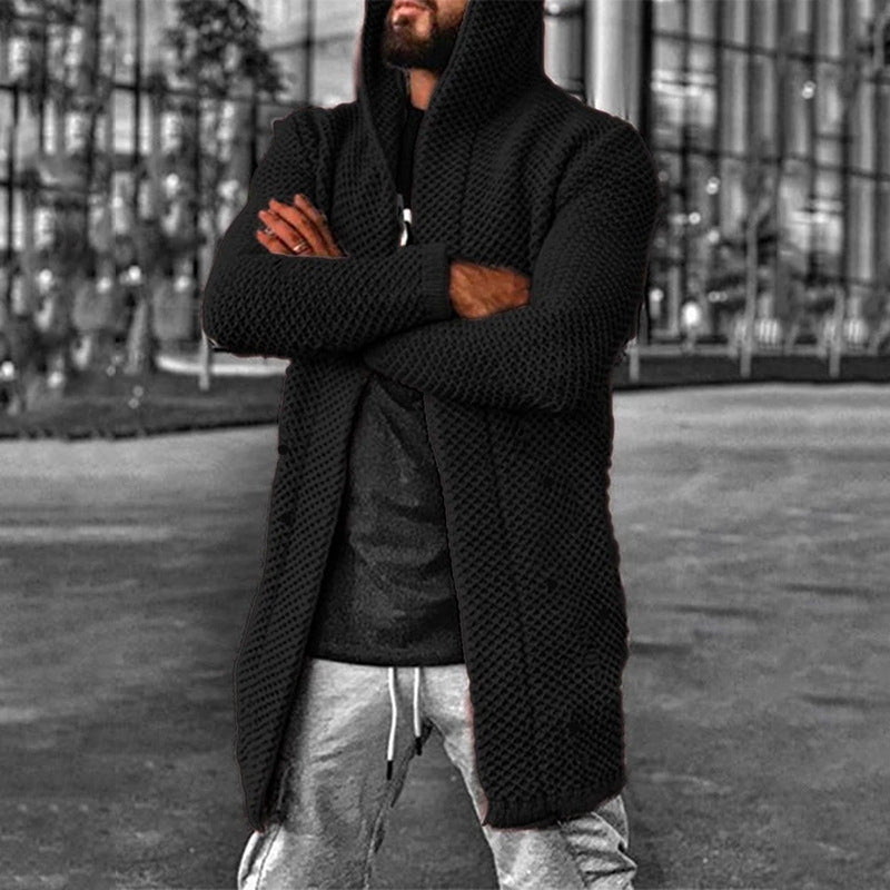 Street-wave Hooded Knitted Cardigan For Men Cozy Modern Everyday Layer With Structured Texture