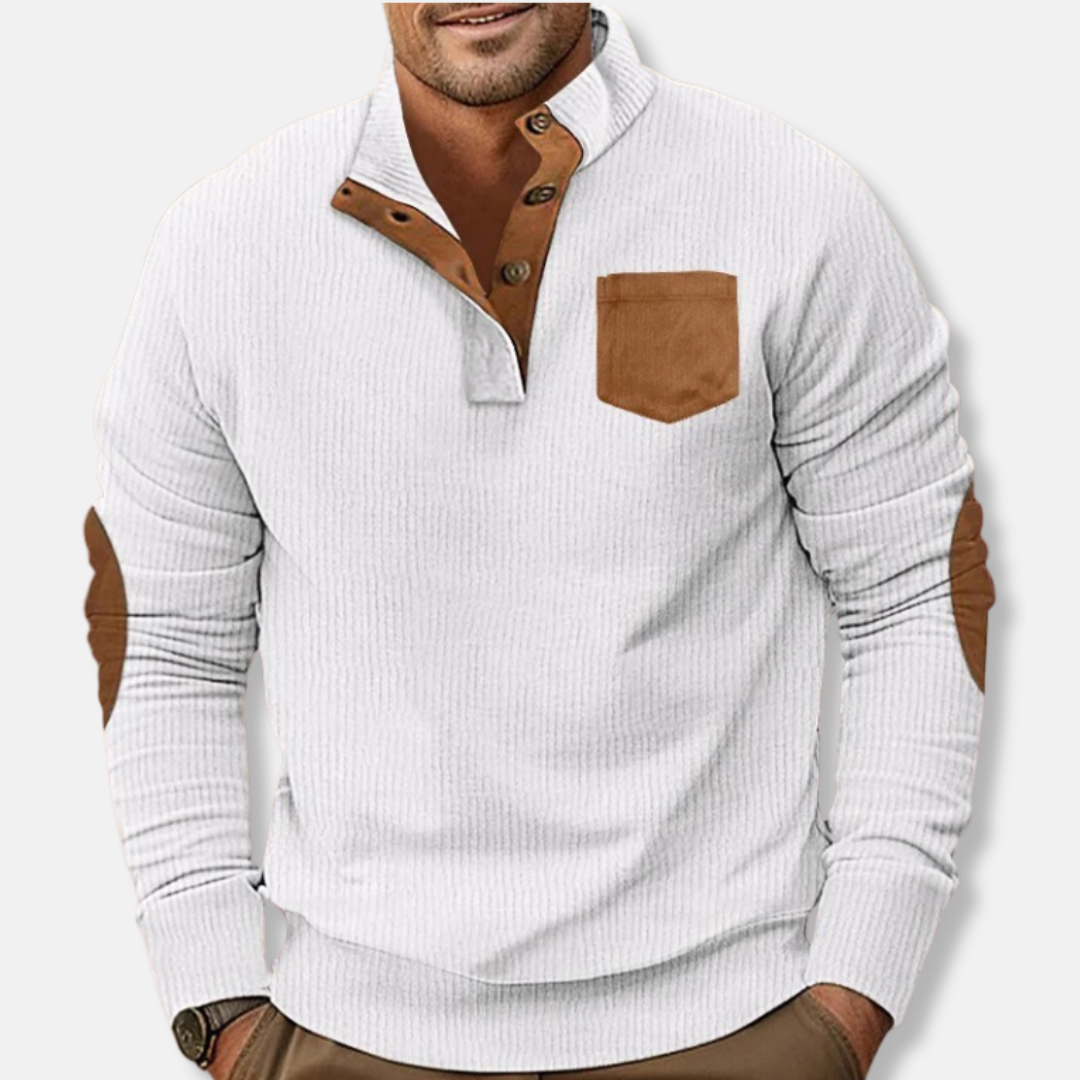 Men's Ribbed Knit Sweatshirt With Stand Collar And Contrast Elbow Patches For Everyday Wear