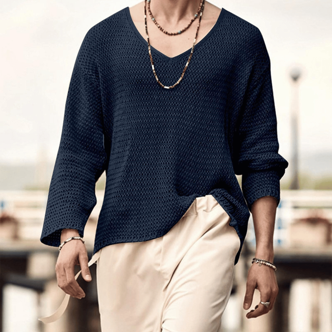 Street-Wave Mens Relaxed Knit Sweater With Deep V Neck Breathable Textured Knit Beige Casual To Evening Wear