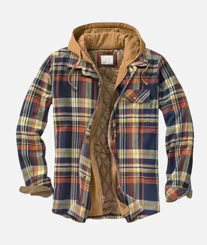Mens Plaid Flannel Shirt Jacket With Hood And Lined Interior Zipper And Button Closure Casual Winter Outerwear