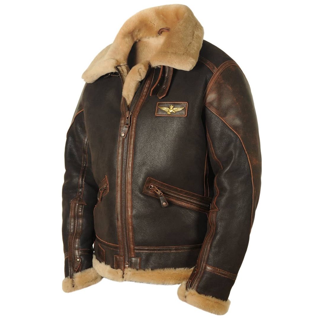 Street Wave Mens Retro Bomber Jacket With Shearling Lining Warm Windproof Leather Coat