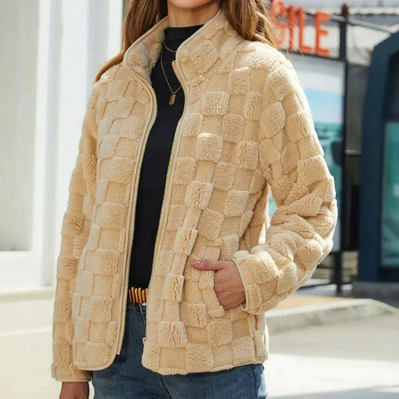 Streetwave Plaid Teddy Coat For Women Warm Plush Winter Jacket With Cozy Fit And Warmth