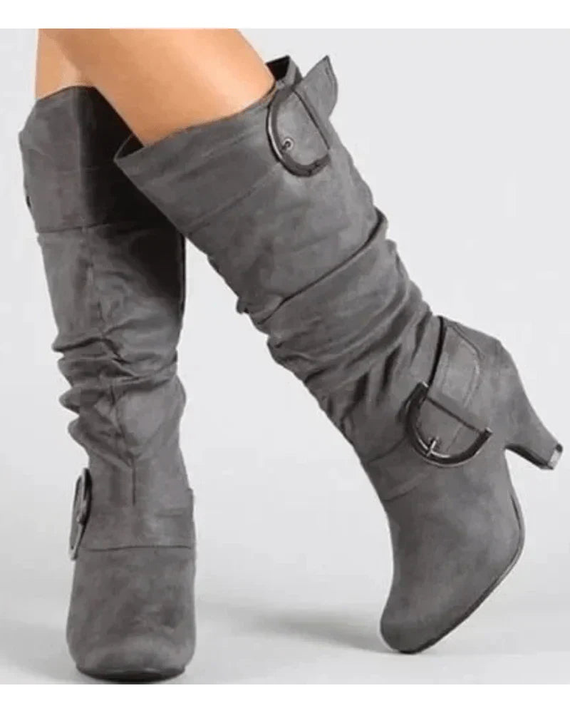 Street-wave Women Suede Knee-High Boots With Buckle Straps For Warm Stylish Winter Look