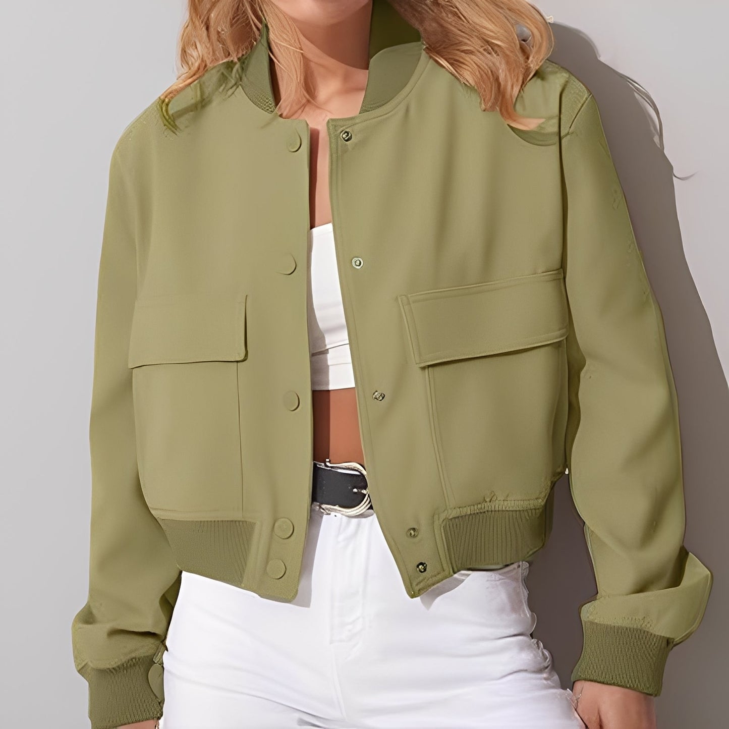 Street-Wave Womens Casual Bomber Jacket With Large Front Pockets Stand Collar Everyday Comfort