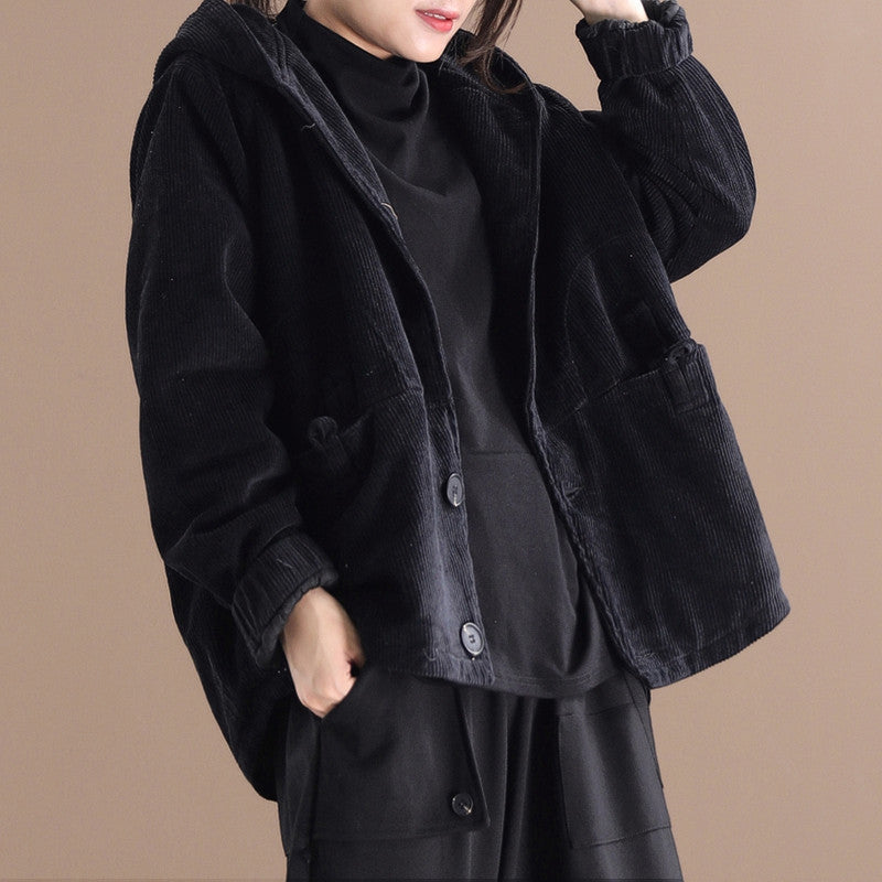 Street-wave Corduroy Hooded Jacket For Women Cozy Warm Insulated Coat With Deep Pockets And Soft Lining