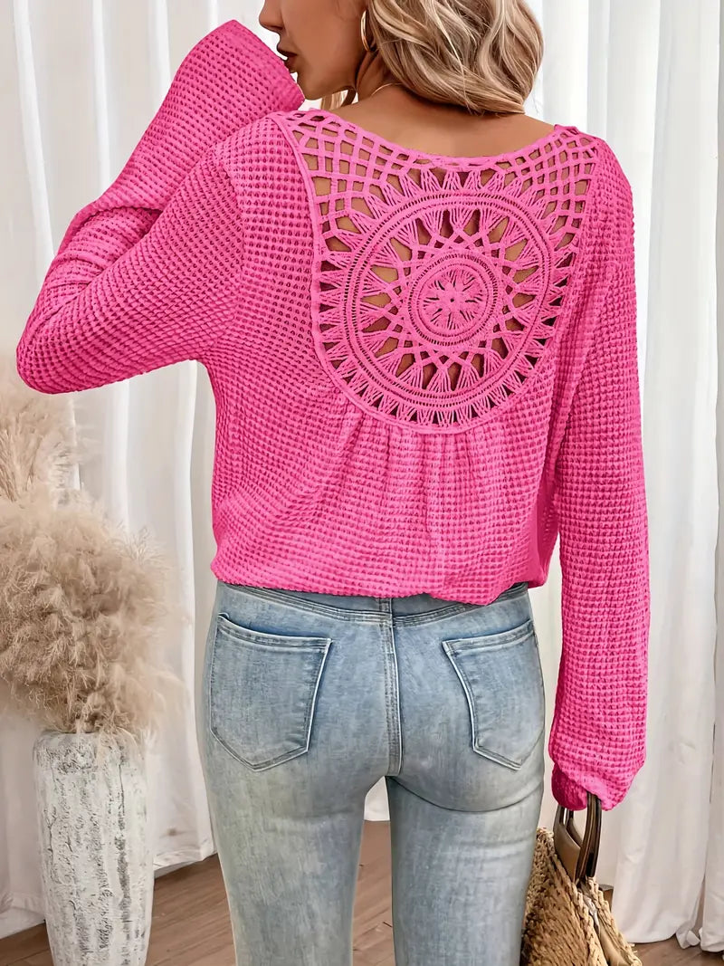 Street-Wave Crochet Back Detail Knit Sweater For Women, Cozy Versatile Layering Piece