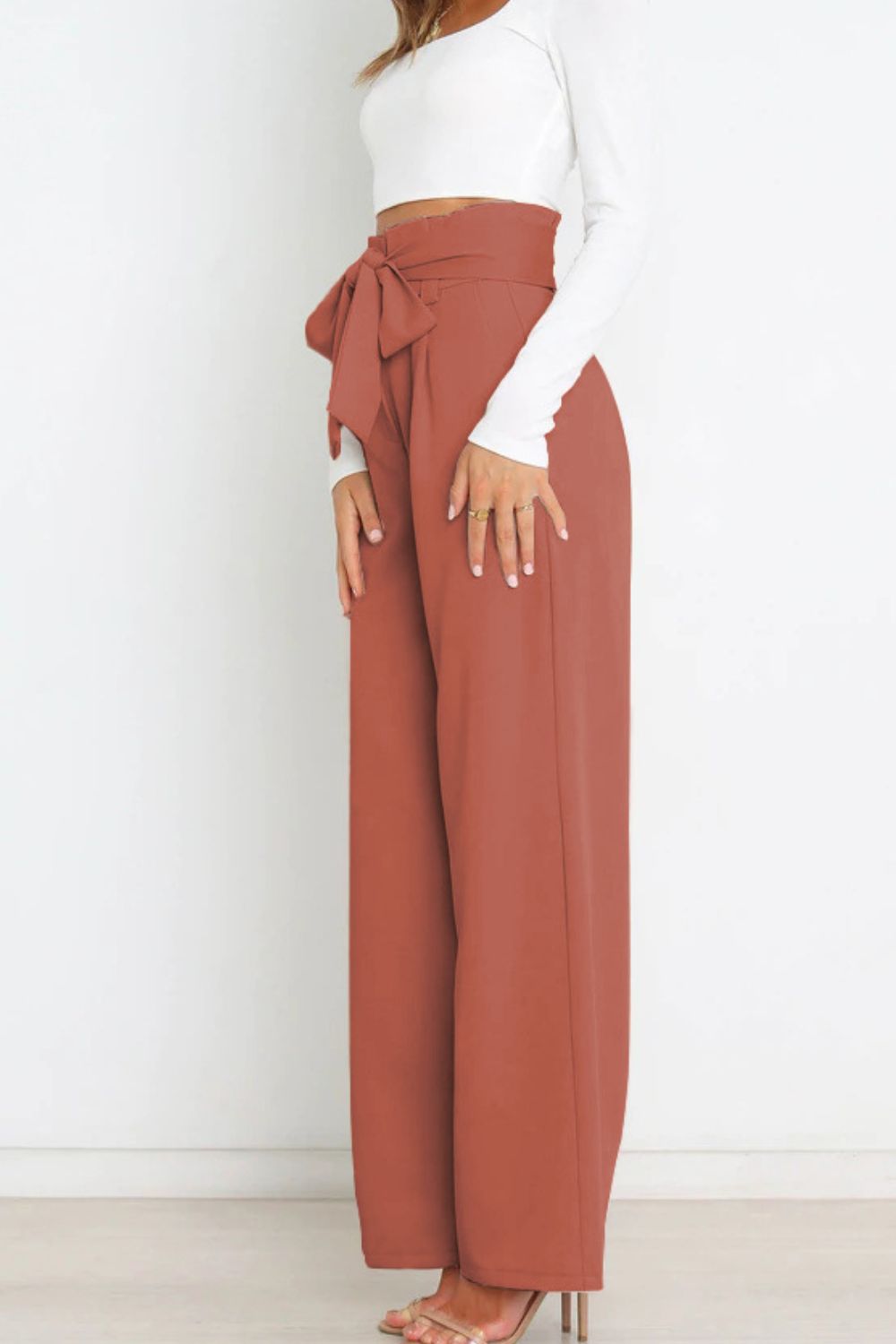Street-Wave High Waist Paperbag Pants With Tie Detail - Women's Office Chic Wide-Leg Trousers