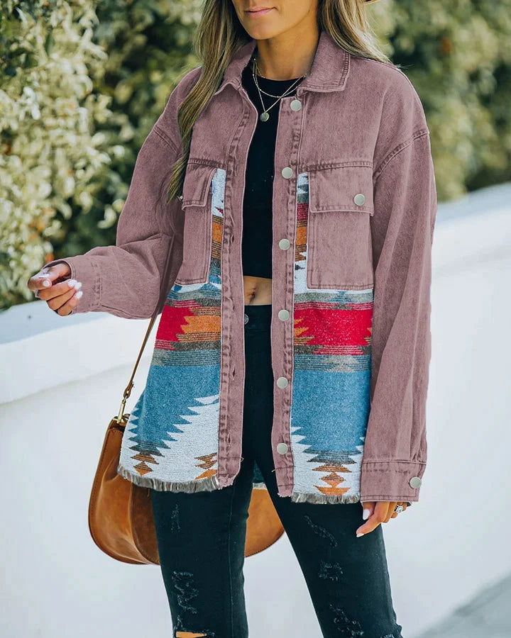 Street-wave Womens Oversized Jacket With Southwestern Knit Panels For Cozy Everyday Style