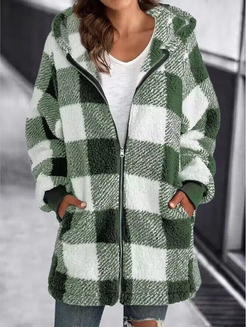 Street-wave Plus Size Coat With Cozy Warmth And Modern Checkered Style For Women