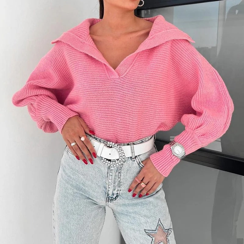 Street Wave Lantern Sleeve Knit Pullover With Open Collar For Women Casual Chic Everyday Wear