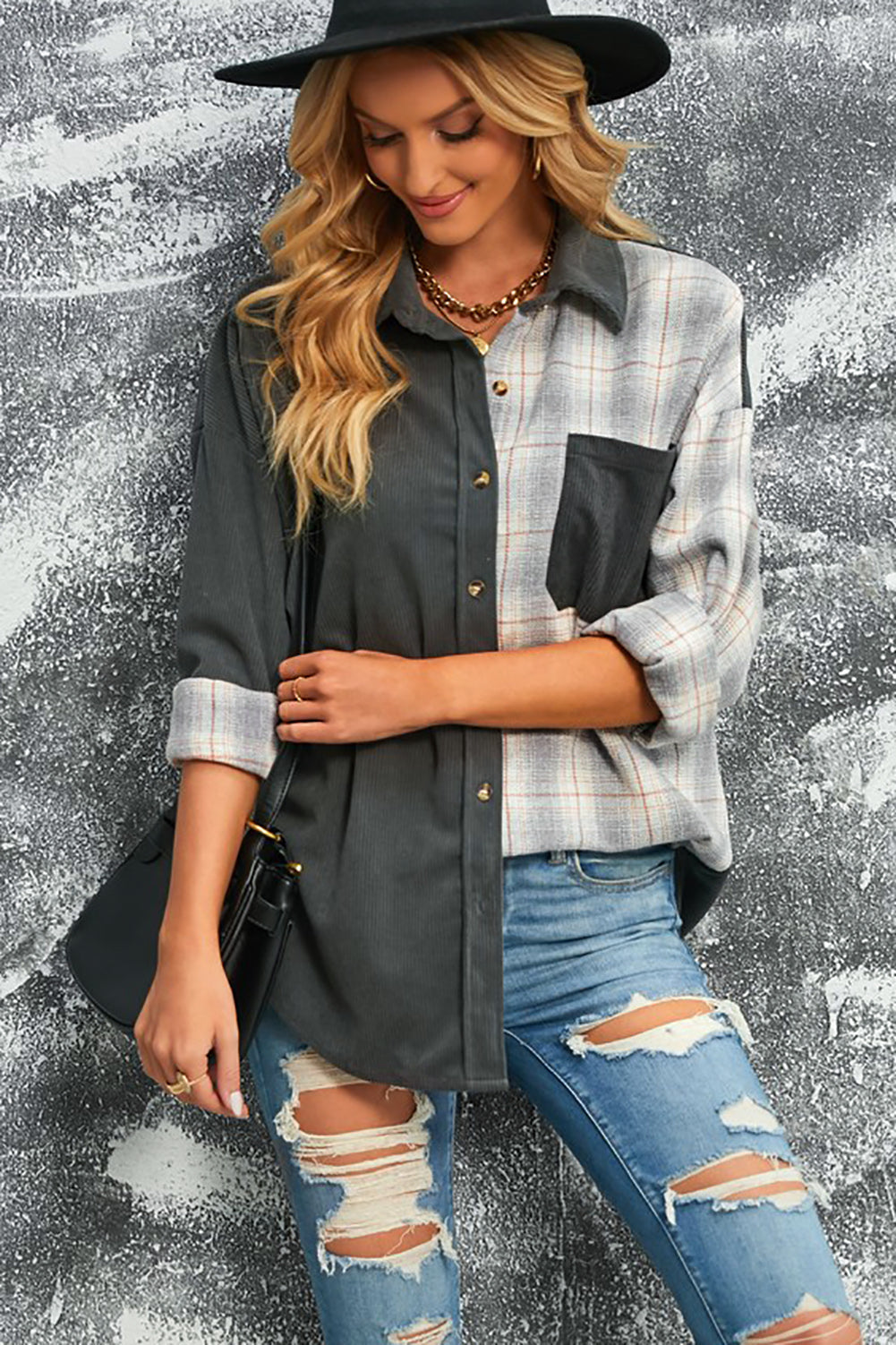 Street Wave Corduroy Shacket For Women Plaid Colorblock Button Front Cozy Casual