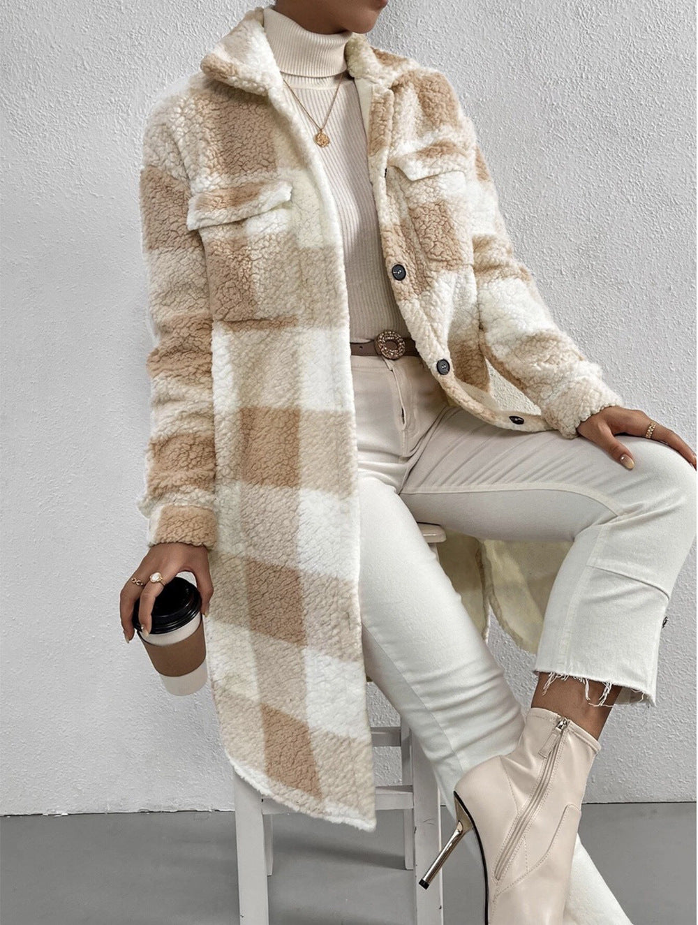 Street-Wave Blue Plaid Wool Coat For Women Warm Cozy Sherpa Lined Winter Outerwear