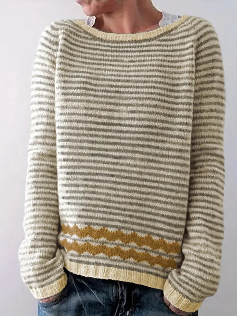 Street-Wave Camel Stripe Knit Pullover For Women Cozy Warm Elegant Everyday Sweater Free Shipping