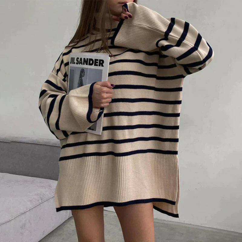 Street-wave Women Rollneck Sweater Striped Cozy Breathable Knit Modern Comfort For Everyday Wear
