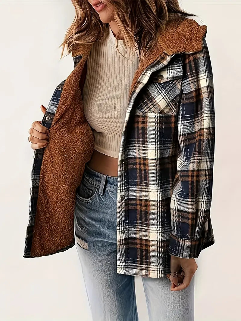 Street-Wave Plaid Zip Jacket With Faux Shearling Lining For Women Cozy Chic Outerwear