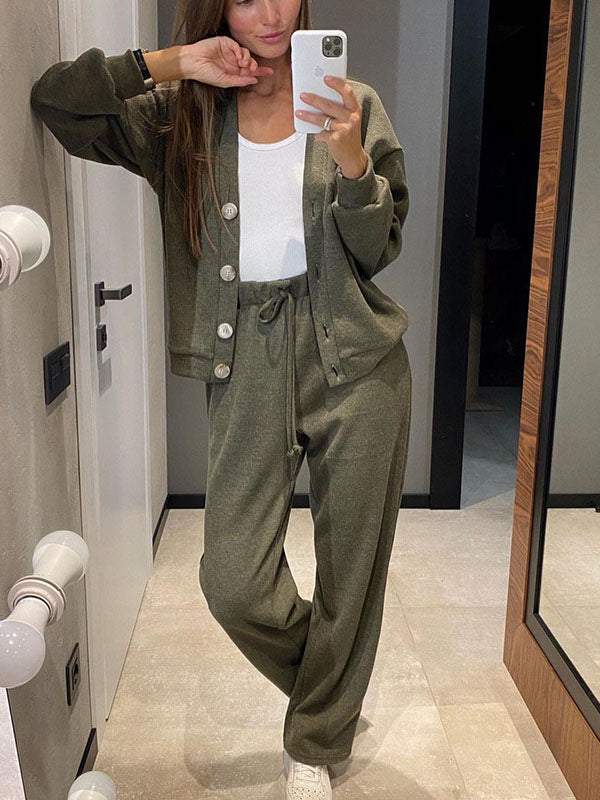 Street-wave V-Neck Knit Set For Women Ultra Cozy Comfortable All-Day Loungewear With Relaxed Fit