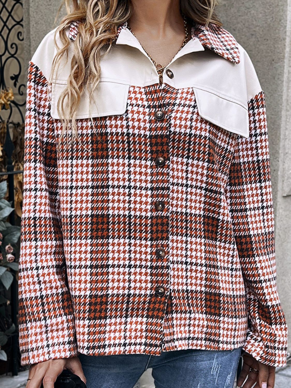 Street-wave Plaid Collar Jacket For Women With Dropped Shoulders 100 Percent Polyester Casual Everyday