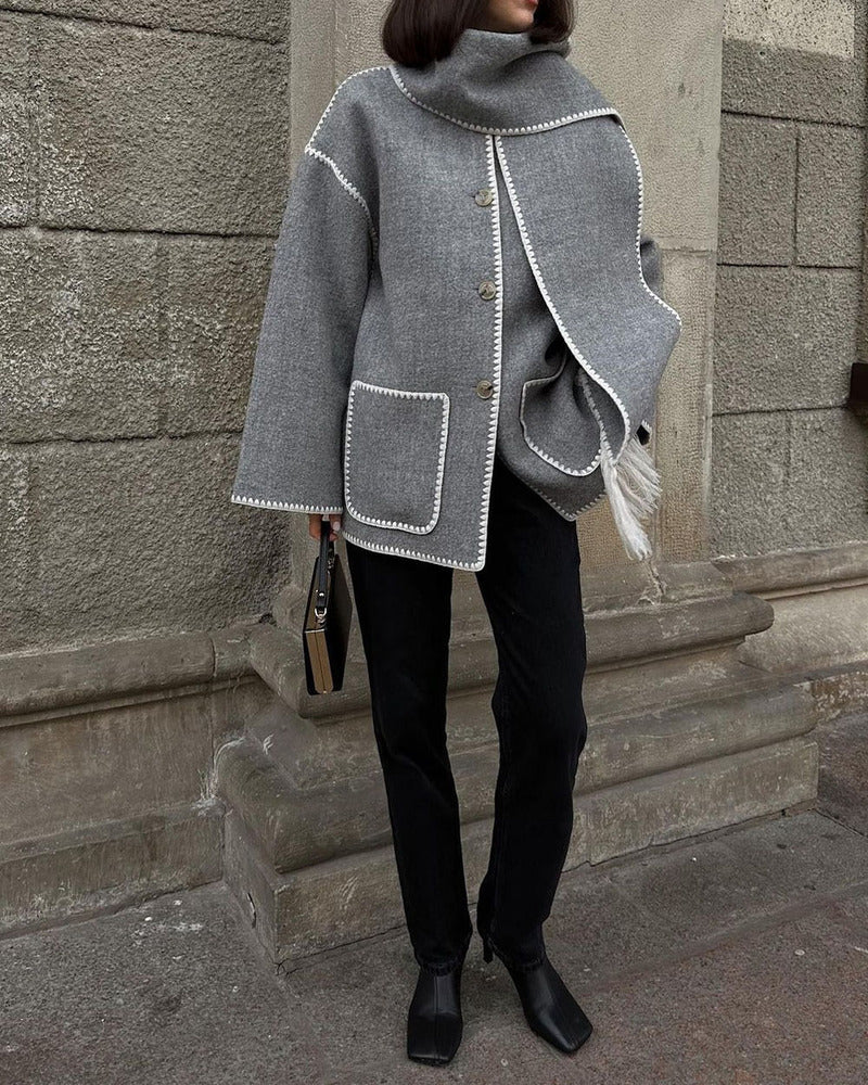 Street-wave Wool Cape Coat With Fringed Hem And Contrast Stitching For Fashionable Women