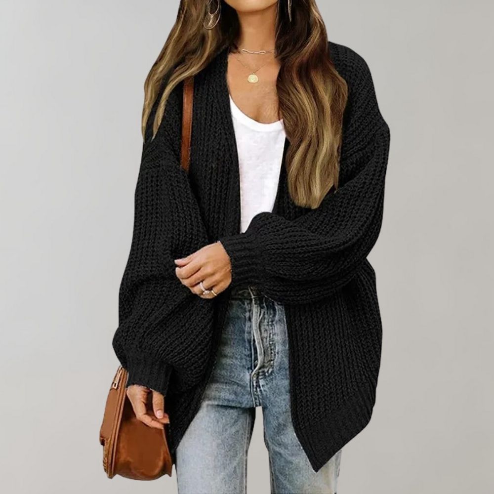 Street-wave Open Knit Cardigan With Bishop Sleeves For Women, Cozy Flowing Silhouette
