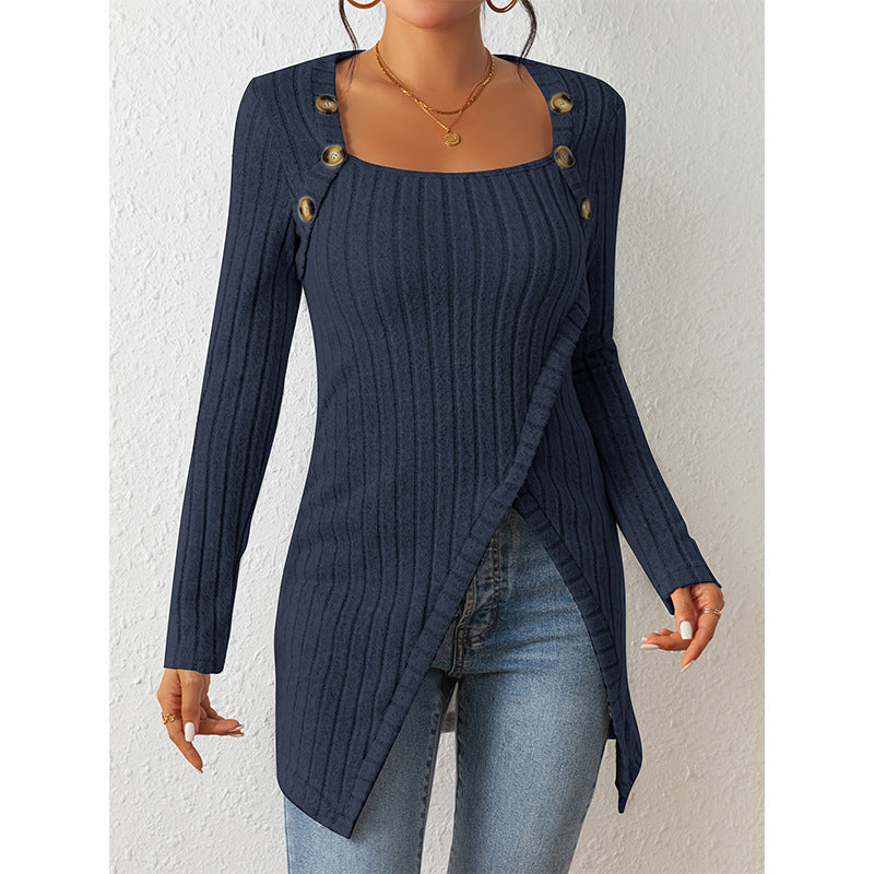 Street-wave Ribbed Knit Sweater For Women With Button Shoulder Details Cozy Modern Look