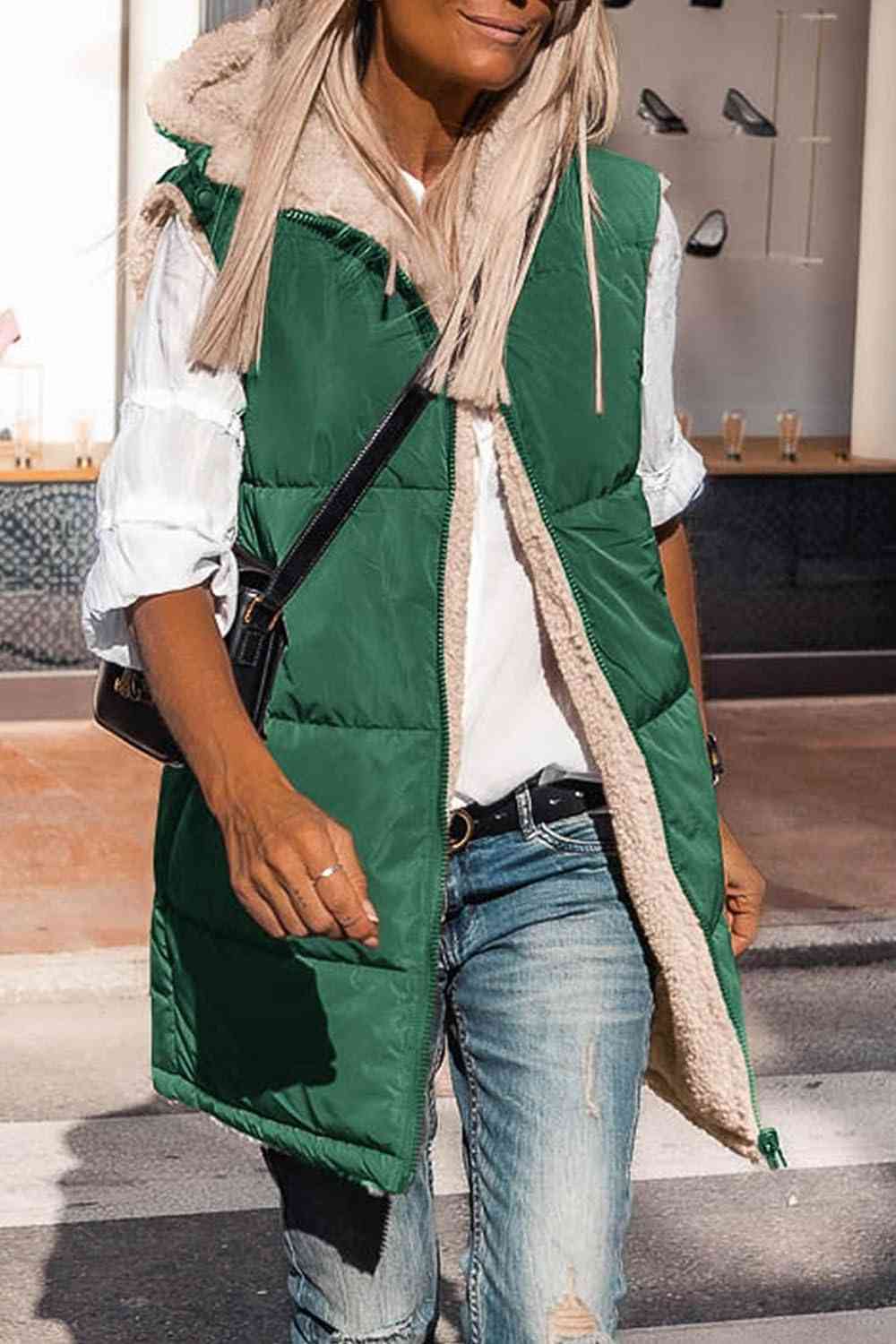 Street Wave Zip Up Longline Puffer Vest Hooded For Women Plush Lining Warmth Winter Ready