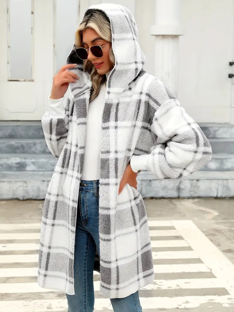 Streetwave Women Hooded Cardigan Coat Plush Plaid Luxury Comfort For Work And Daily Wear Everyday Cozy